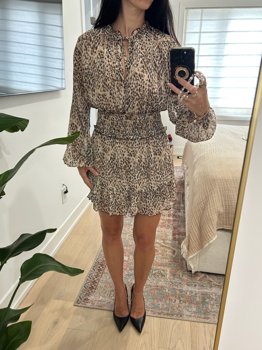 NWT Zara Taupe Leopard-Print Smocked Mini Dress - M